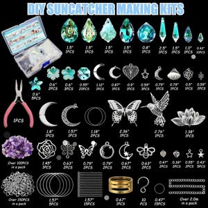 May include: A DIY suncatcher making kit featuring a clear plastic storage box, pink-handled pliers, and an assortment of crystal prisms, metal charms including moons, butterflies, and hummingbirds, purple stone chips, jump rings, and chains.