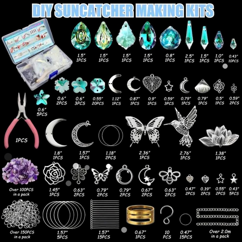May include: A DIY suncatcher making kit featuring a clear plastic storage box, pink-handled pliers, and an assortment of crystal prisms, metal charms including moons, butterflies, and hummingbirds, purple stone chips, jump rings, and chains.
