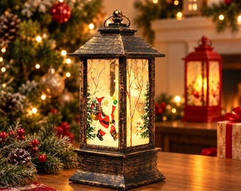 Christmas Lantern Light, LED Christmas Decoration, Santa Holiday Lantern, Tabletop Decor, Red or Black, Christmas Gift