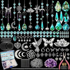 May include: A collection of crafting supplies, including hanging crystal pendants, silver charms in various shapes, and a small container of tools. The pendants feature teal and clear crystals, with butterfly, moon, and flower charms.