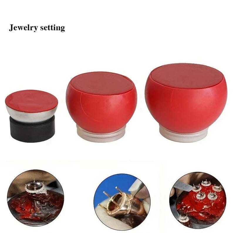 May include: Three red jewelry setting tools with a rounded shape. The tools have a red top and a clear base. The smallest tool has a black base. The image also shows close-up views of jewelry setting.