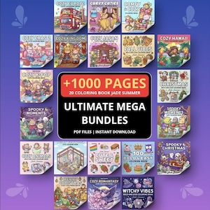 May include: A collection of 20 coloring books with themes like Cozy Europe, Curvy Cuties, and Spooky Moments. The image includes the text "+1000 PAGES" and "ULTIMATE MEGA BUNDLES". PDF files for instant download.