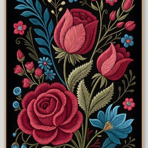 May include: A rectangular wall art print featuring a detailed floral illustration on a black background. The design showcases large red roses, smaller pink buds, and bright blue flowers with textured green leaves and stems in a vertical arrangement.