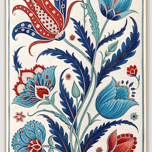 May include: A rectangular wall art print featuring a vertical botanical illustration on a cream background. The design displays stylized flowers and serrated leaves in vibrant shades of red, light blue, and deep navy blue with intricate details.