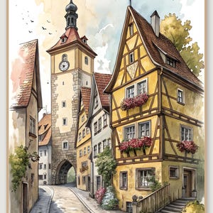 Peut inclure: Une illustration à l'aquarelle d'une rue de ville européenne présentant une haute tour d'horloge en pierre avec un toit rouge et plusieurs bâtiments jaunes à colombages avec des poutres en bois brun, des toits en tuiles rouges et des jardinières fleuries.