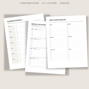 Könnte beinhalten: Ein Reinigungsplaner-Set mit sechs druckbaren Seiten in A4 und US-Letter-Format. Die weißen Seiten enthalten einen Reinigungsplan, eine monatliche Rotation und eine Checkliste für die Tiefenreinigung mit Kästchen für verschiedene Räume.