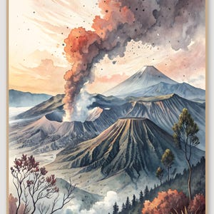 Puede incluir: Una pintura de acuarela que representa un paisaje volcánico con un cráter humeante, cadenas montañosas en tonos azules y grises, y un primer plano con árboles y follaje en tonos otoñales bajo un cielo suave, brumoso y luminoso.
