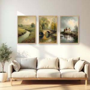 Land Fluss Triptychon Poster, Fluss Landschaft, 3er Set Poster, Vintage Wandbild, Land Poster, Digitaler Download