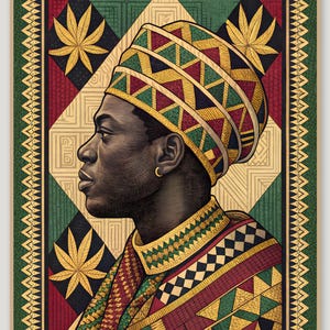 May include: A profile portrait of a person wearing a patterned hat and garment in red, green, yellow, and black. The background features a geometric border, diamond shapes, and gold leaf motifs. The art style uses bold lines and vibrant colors.
