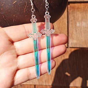 Iridescent Sword Earrings, hypoallergenic posts, clip-ons Available, Lasercut Earrings