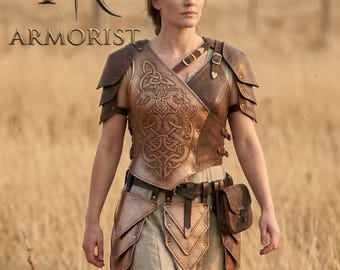 Medeltida riddare kvinnlig rustning | Keltisk drakebrynja och ryggsäck | Fantasy lajvkostym | Damläderrustning cosplay | Renässansmässa
