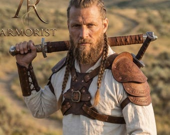 Vikingaläderpulldroner med ryggsvärdsslida | Medeltida axelrustning och bröstsele | LARP Cosplay-krigarutrustning | Fantasyrustning