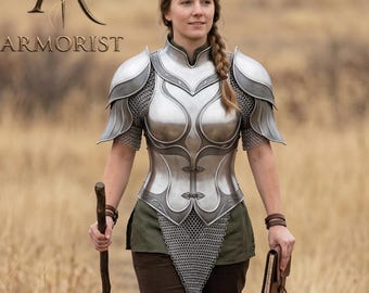 Kvinnlig fantasirustning | Bröstplåt och ryggskytt i silverfärgat stål | Medeltida lajvkyrass | Cosplay-kostym för kvinnor | Alvkrigare