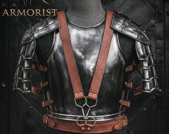 Medeltida mörkstålskyrass och pauldrons set | LARP riddarrustning med lädersele | Fantasy Cosplay bröstplåt