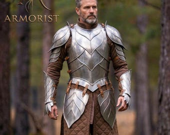 Elvisk riddare plåtrustning set | Skogsfantasi LARP-kostym | Lövmotiv stålkyrass och tofsar | Renässansmässa Cosplay
