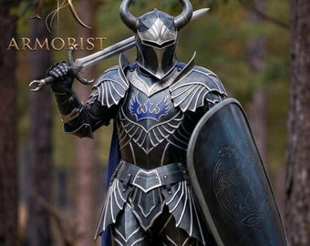 Dark Knight Fantasy Rustning Dräkt | Fullständig Bärbar Plåtrustning för LARP & Cosplay | Medeltida Gotisk Riddardräkt med Hornhjälm