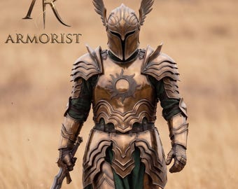 Fullständig dräkt av fantasyplåtrustning | Brons medeltida riddare cosplay-rustning | LARP alvisk paladinrustning med bevingad hjälm