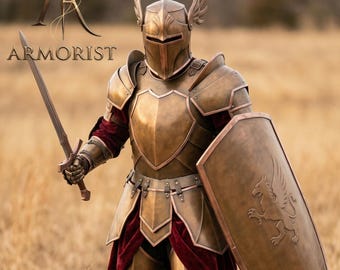 Fullständig fantasirustning | Paladinriddare Cosplay-kostym | Bärbar bronsrustning för lajv | Bevingad hjälm, harnesk och griffinrustning