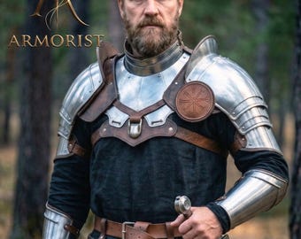 Medeltida Viking LARP-rustningsset | Halv platta i stål och läder med Vegvisir | Cosplay-kostym för nordisk krigare | Ren Faire-fantasidräkt