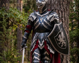 Mörk fantasi Griffinriddarplåtrustning | Komplett bärbar medeltida dräkt med bevingad hjälm och sköld | LARP, Cosplay och Ren Faire-kostym