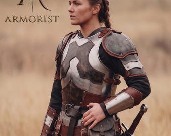 Handgjord fantasiplåtsrustning för kvinnor - Medeltida harnesk och ryggstöd - Stål, läder krigarkroppsrustning för lajv, cosplay, Ren Faire