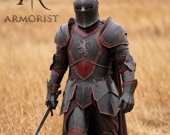 Mörk fantasiriddarrustning | Bärbar medeltida kunglig kungkostym | LARP, Cosplay och Ren Faire helkroppsrustning med kronhjälm