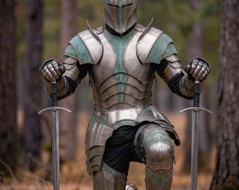 Gotisk rustning med bevingad hjälm | Medeltida riddare i stålplåt för lajv och cosplay | Anpassad fantasydräkt