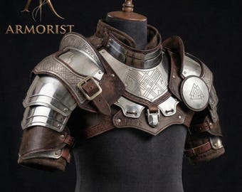 Vikingakrigarrustningsset | Läder- och stålkåpa med ryggsäckar | Nordisk lajvutrustning, Valknut Fantasy Cosplay, Medeltida axelrustning