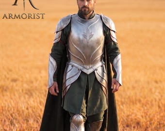 Elfriddarplåtrustningsset | Silverfantasi LARP-kyrass med lövemblem | Medeltida cosplay-dräkt | Ranger Paladin-dräkt