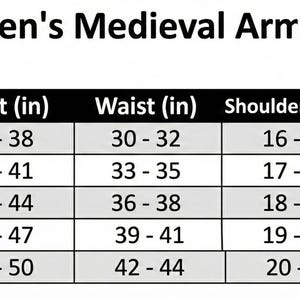 K&ouml;nnte beinhalten: Eine Gr&ouml;&szlig;entabelle f&uuml;r mittelalterliche R&uuml;stungen mit der Aufschrift "Armorist - Men's Medieval Armor Size Chart". Die Tabelle umfasst die Gr&ouml;&szlig;en S bis XXL, mit Brustumf&auml;ngen von 91 bis 127 cm, Taillenumf&auml;ngen von 76 bis 112 cm, Schulterbreiten von 41 bis 53 cm und K&ouml;rpergr&ouml;&szlig;en von 165 bis 196 cm.