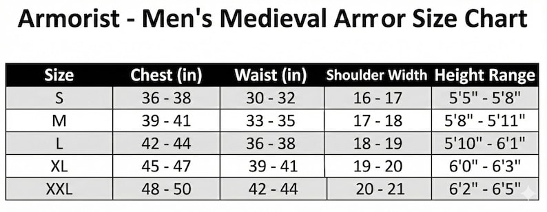 K&ouml;nnte beinhalten: Eine Gr&ouml;&szlig;entabelle f&uuml;r mittelalterliche R&uuml;stungen mit der Aufschrift "Armorist - Men's Medieval Armor Size Chart". Die Tabelle umfasst die Gr&ouml;&szlig;en S bis XXL, mit Brustumf&auml;ngen von 91 bis 127 cm, Taillenumf&auml;ngen von 76 bis 112 cm, Schulterbreiten von 41 bis 53 cm und K&ouml;rpergr&ouml;&szlig;en von 165 bis 196 cm.