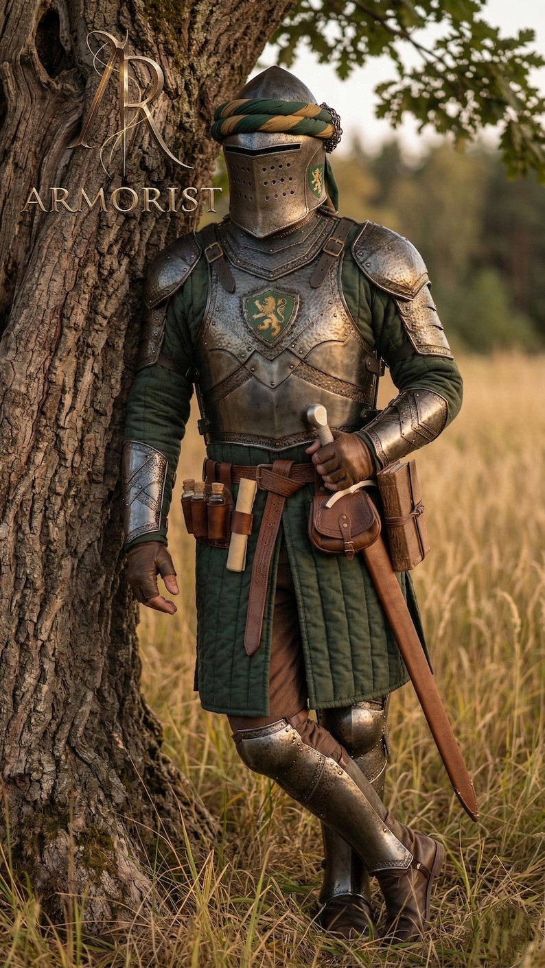 K&ouml;nnte beinhalten: Ein mittelalterlicher Ritter in voller R&uuml;stung steht neben einem Baum in einem Feld. Die R&uuml;stung ist silber und gr&uuml;n, mit Helm, Brustplatte und Beinsch&uuml;tzern. Der Ritter tr&auml;gt eine gr&uuml;ne Tunika, einen braunen Lederg&uuml;rtel und ein Schwert. Der Text "ARMORIST" ist enthalten.