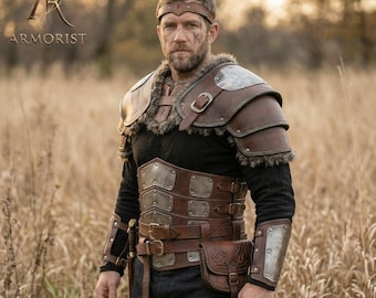 Vikingaläderrustningsset | LARP Fantasy Warrior-kostym | Medeltida nordisk cosplay | Stålpläterad barbarkostym med pälsdetaljer