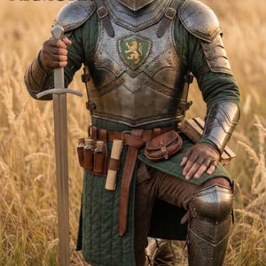 K&ouml;nnte beinhalten: Ein mittelalterlicher Ritter in voller R&uuml;stung, kniend in einem Feld aus hohem Gras. Die R&uuml;stung ist silber und gr&uuml;n, mit einem Helm und einem Schild mit einem L&ouml;wenemblem. Der Ritter h&auml;lt ein Schwert und tr&auml;gt einen braunen Lederg&uuml;rtel mit Taschen. Das Wort "ARMORIST" ist sichtbar.