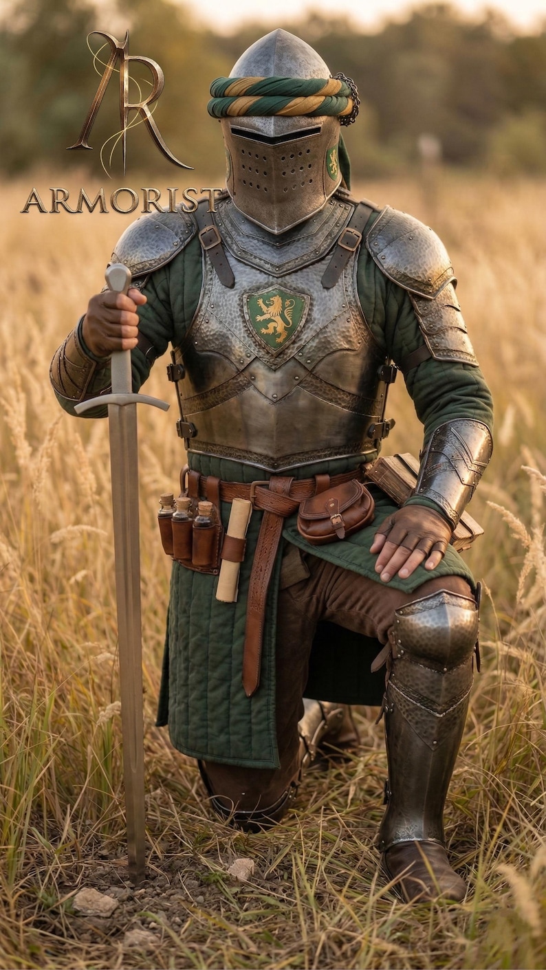 K&ouml;nnte beinhalten: Ein mittelalterlicher Ritter in voller R&uuml;stung, kniend in einem Feld aus hohem Gras. Die R&uuml;stung ist silber und gr&uuml;n, mit einem Helm und einem Schild mit einem L&ouml;wenemblem. Der Ritter h&auml;lt ein Schwert und tr&auml;gt einen braunen Lederg&uuml;rtel mit Taschen. Das Wort "ARMORIST" ist sichtbar.