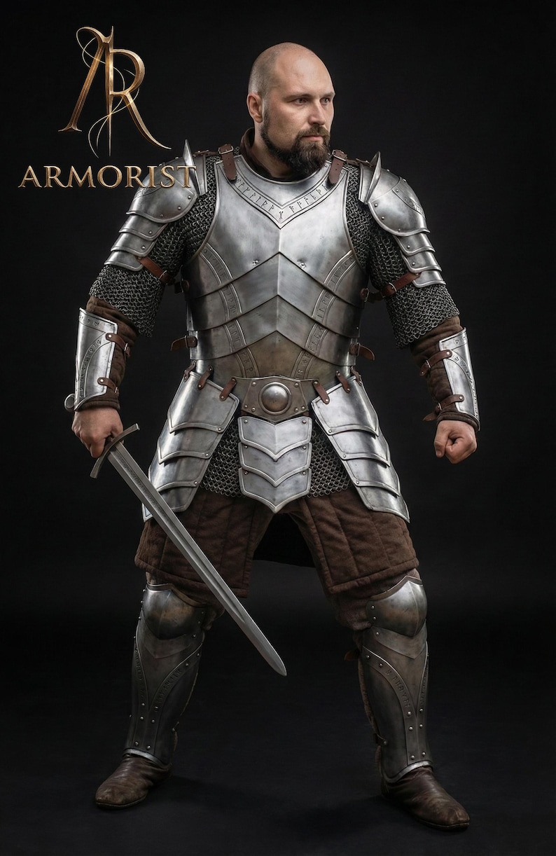 Dvärgstålplåtsrustning - Graverad krigarkostym - Komplett medeltida fantasyset för lajv och cosplay - Anpassad riddarrustning bild 1