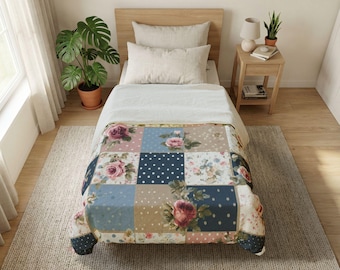 Vintage Floral Patchwork Cotton Duvet Cover | Rose Quilt Pattern, Cottagecore Bedding
