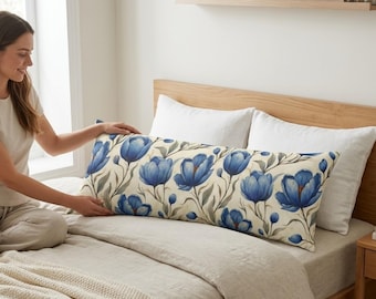 Blue Floral Pattern Body Pillow | Watercolor Tulip Botanical Design