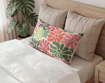 Retro Floral Pattern Cotton Pillow Sham | Pink Green Coral Floral Design