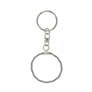 May include: Silver guitar string keychain with a round metal ring and a silver key ring.