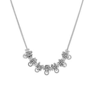 May include: A silver necklace with a chain and a pendant made of multiple stacked silver rings.