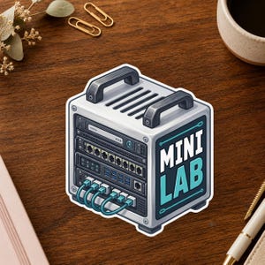 May include: A white, box-shaped server rack unit with two black top handles, featuring multiple network ports, USB slots, and four teal ethernet cables connected to the front. The side panel displays the text MINI LAB in bold white and teal letters.