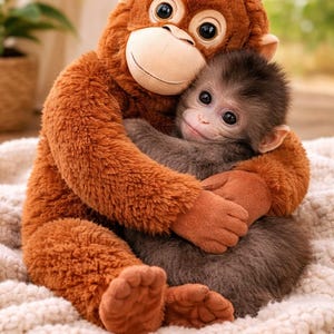 Puede incluir: Un juguete de peluche de orangután marrón abraza a un bebé mono. El orangután tiene ojos grandes y redondos y una cara sonriente. El bebé mono es gris y está acurrucado cerca. Ambos están sobre una suave manta blanca.