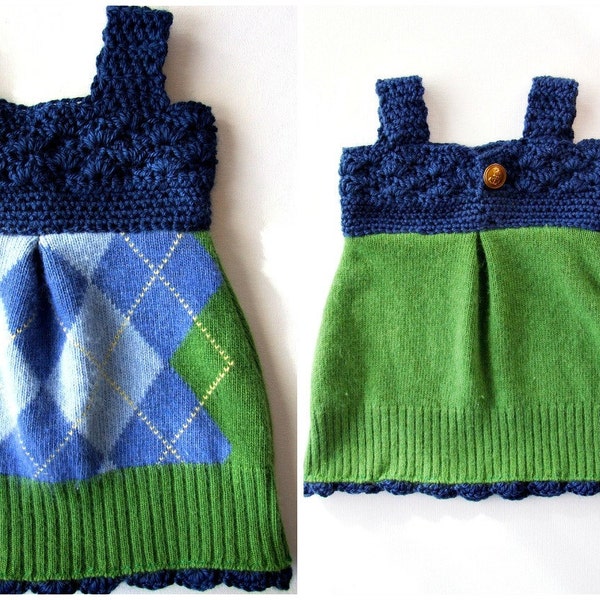 Upcycled Sweater Baby Dress Argyle with Crochet Bodice and Trim One of a Kind Recycled Clothing