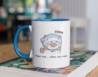 Gawr Shark Hoodie Sleepy Cat Mug | Accent Coffee Mug 11oz 15oz