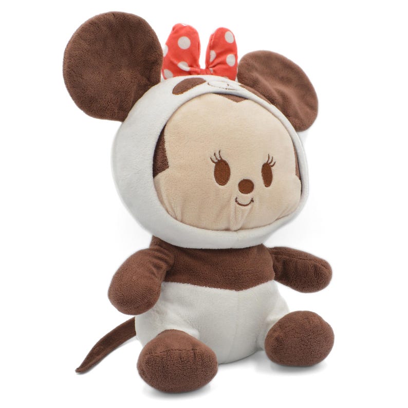 May include: A plush toy of a cartoon character, featuring a brown and white color scheme. The toy has large, round ears, a red bow with white polka dots, and a smiling face. The toy is sitting upright.