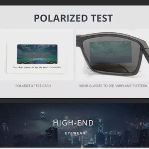 Puede incluir: Imagen que demuestra gafas de sol polarizadas. La imagen muestra una tarjeta de prueba polarizada y un par de gafas de sol. El texto dice "POLARIZED TEST" y "HIGH-END EYEWEAR". Las gafas de sol son negras y tienen un dise&ntilde;o moderno.