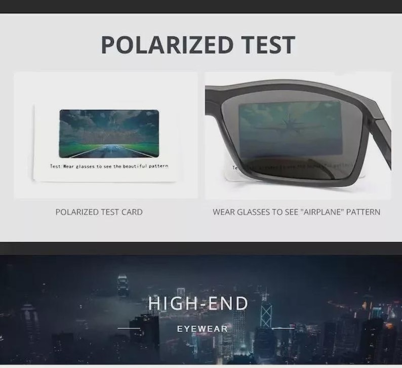 Puede incluir: Imagen que demuestra gafas de sol polarizadas. La imagen muestra una tarjeta de prueba polarizada y un par de gafas de sol. El texto dice "POLARIZED TEST" y "HIGH-END EYEWEAR". Las gafas de sol son negras y tienen un dise&ntilde;o moderno.