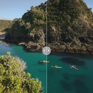 Puede incluir: Imagen dividida que muestra un paisaje costero con y sin lentes. El lado izquierdo muestra una escena natural con una playa, agua y vegetaci&oacute;n. El lado derecho muestra la misma escena con mayor claridad, con kayakistas en el agua.