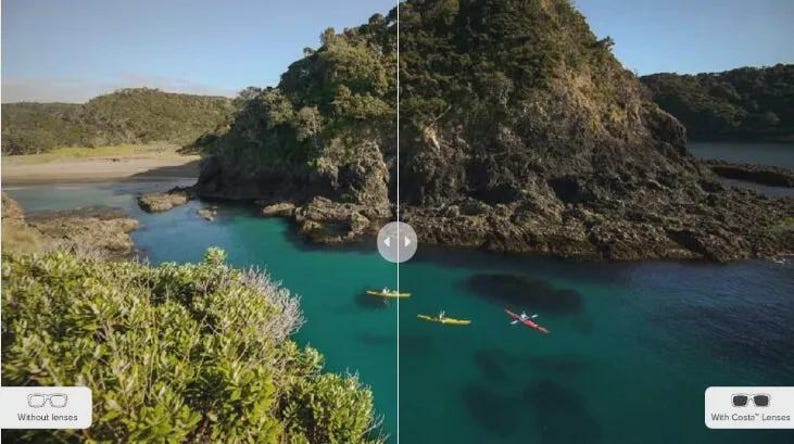 Puede incluir: Imagen dividida que muestra un paisaje costero con y sin lentes. El lado izquierdo muestra una escena natural con una playa, agua y vegetaci&oacute;n. El lado derecho muestra la misma escena con mayor claridad, con kayakistas en el agua.
